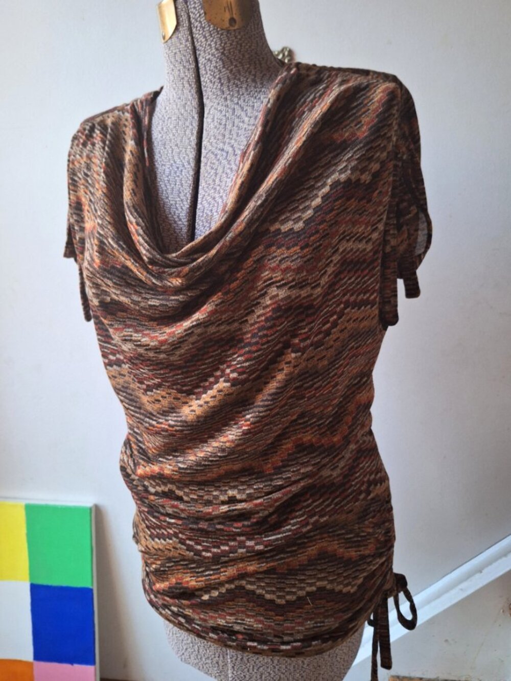 Brown Patterned NEW Retro Style Tunic Top with Drawstrings at Shoulders and Hips